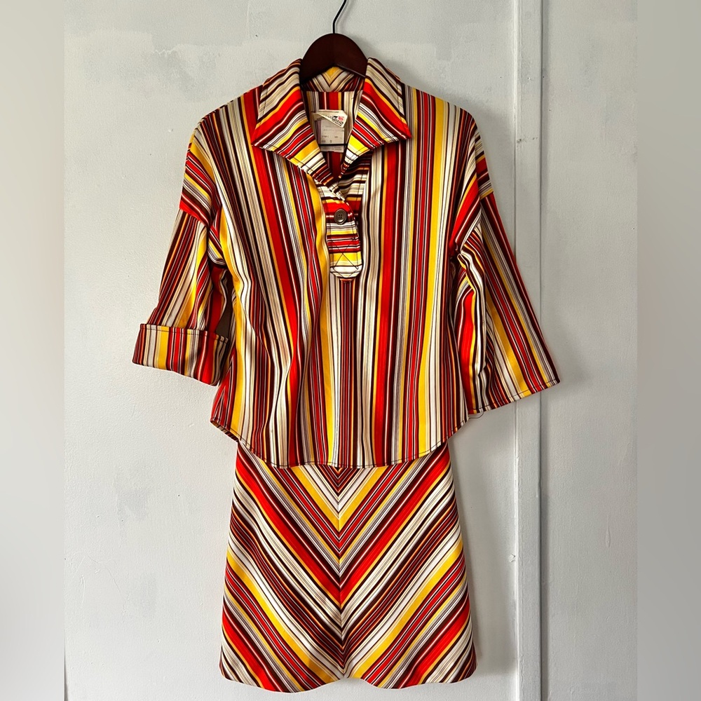 1970’s Vintage Two Piece Striped Multicolor Top and Skirt Set